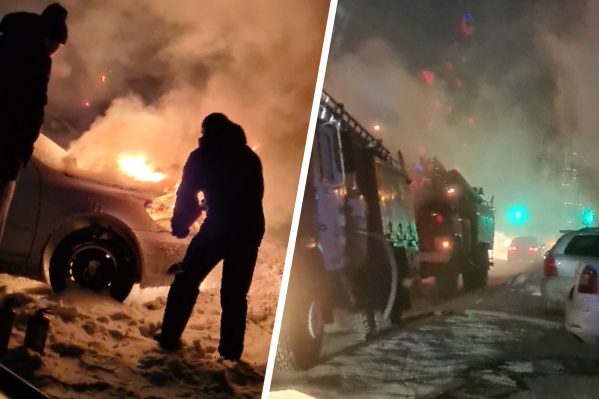В Ленинском районе вспыхнула Skoda Octavia — очевидцы пытались потушить ее снегом