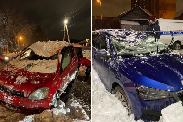 Снег с крыши кафе обрушился на два автомобиля и раздавил лобовые стекла и крыши
