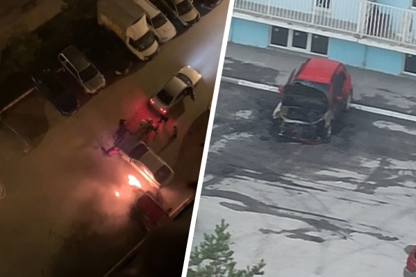 Рано утром в Октябрьском районе сгорел автомобиль — пожар попал на видео