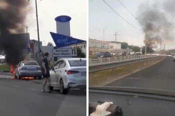 На въезде в Бердск на дороге загорелась «Мазда» — на видео попал момент ее взрыва
