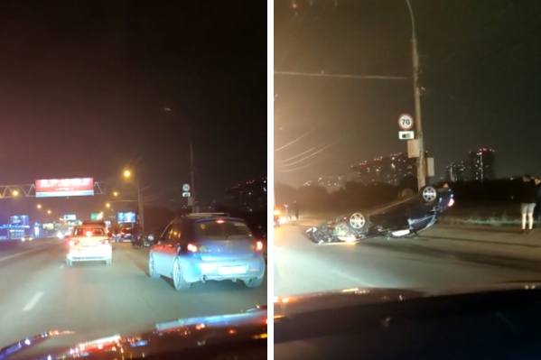 На Димитровском мосту после аварии перевернулся автомобиль — есть пострадавшие